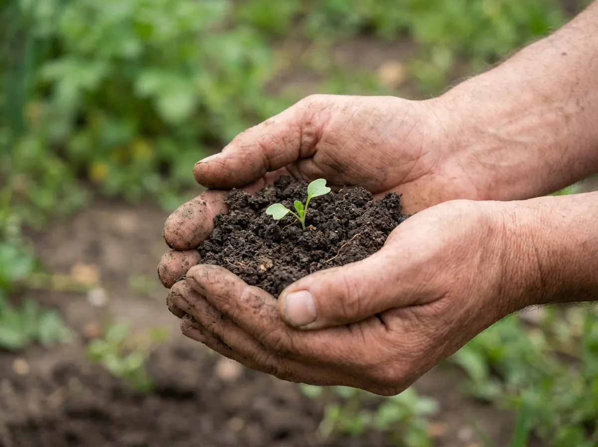 Hands holding soil with small green seedling