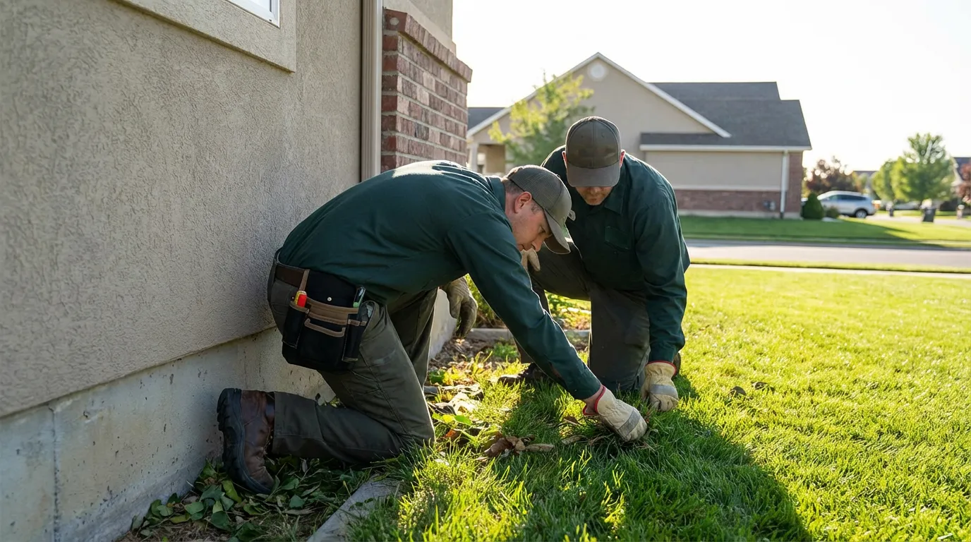 Pest control technicians inspecting home foundation