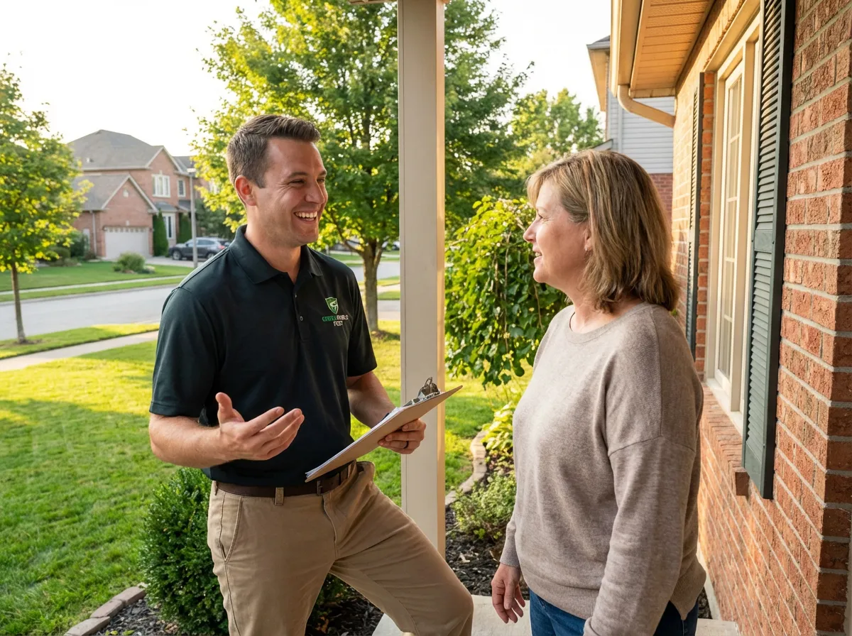 Pest control technician talking with homeowner