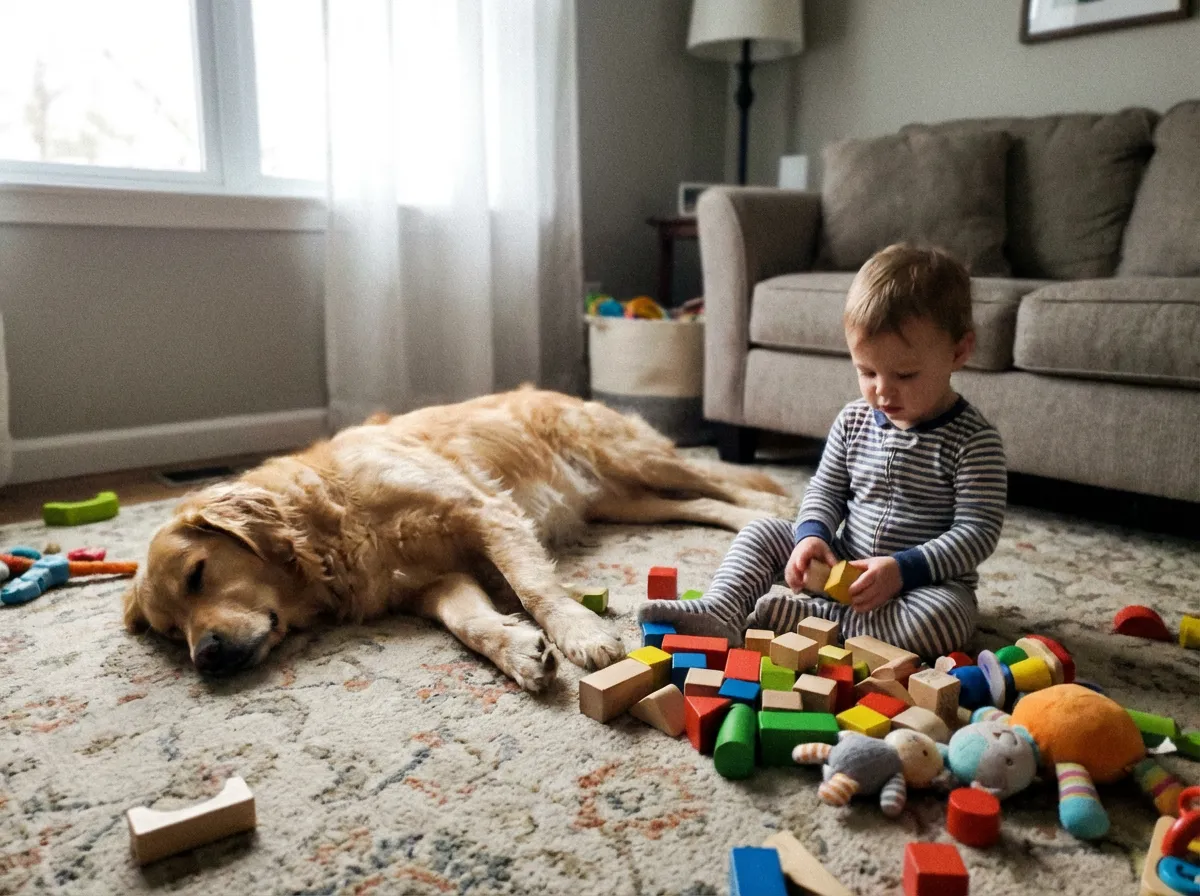Golden retriever laying next to toddler playing with toys